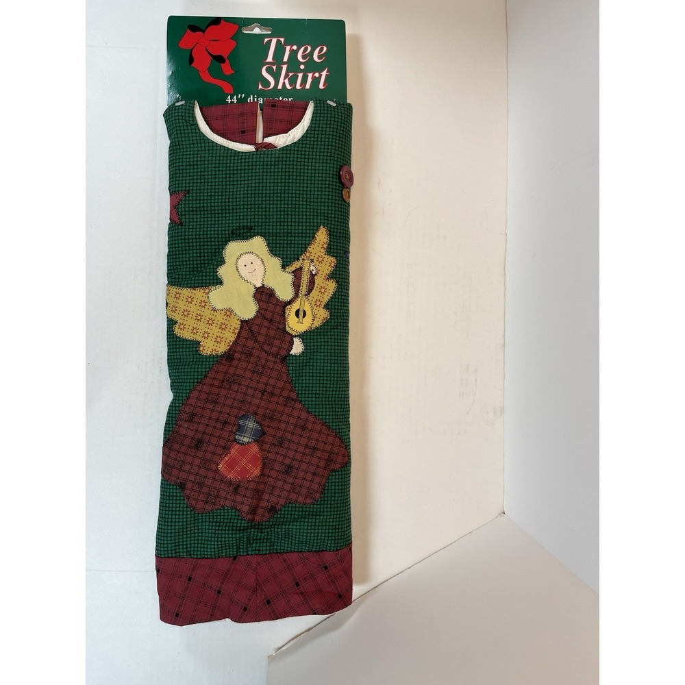 Vintage 44" Tartan Christmas Quilted Tree Skirt Angel Playing‎ Guitar New